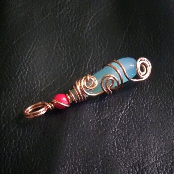 Eclectic Wire Wrapped Blue Agate Teardrop w. Pink Top Bead ~ Handmade Pendant - Picture 3 of 8